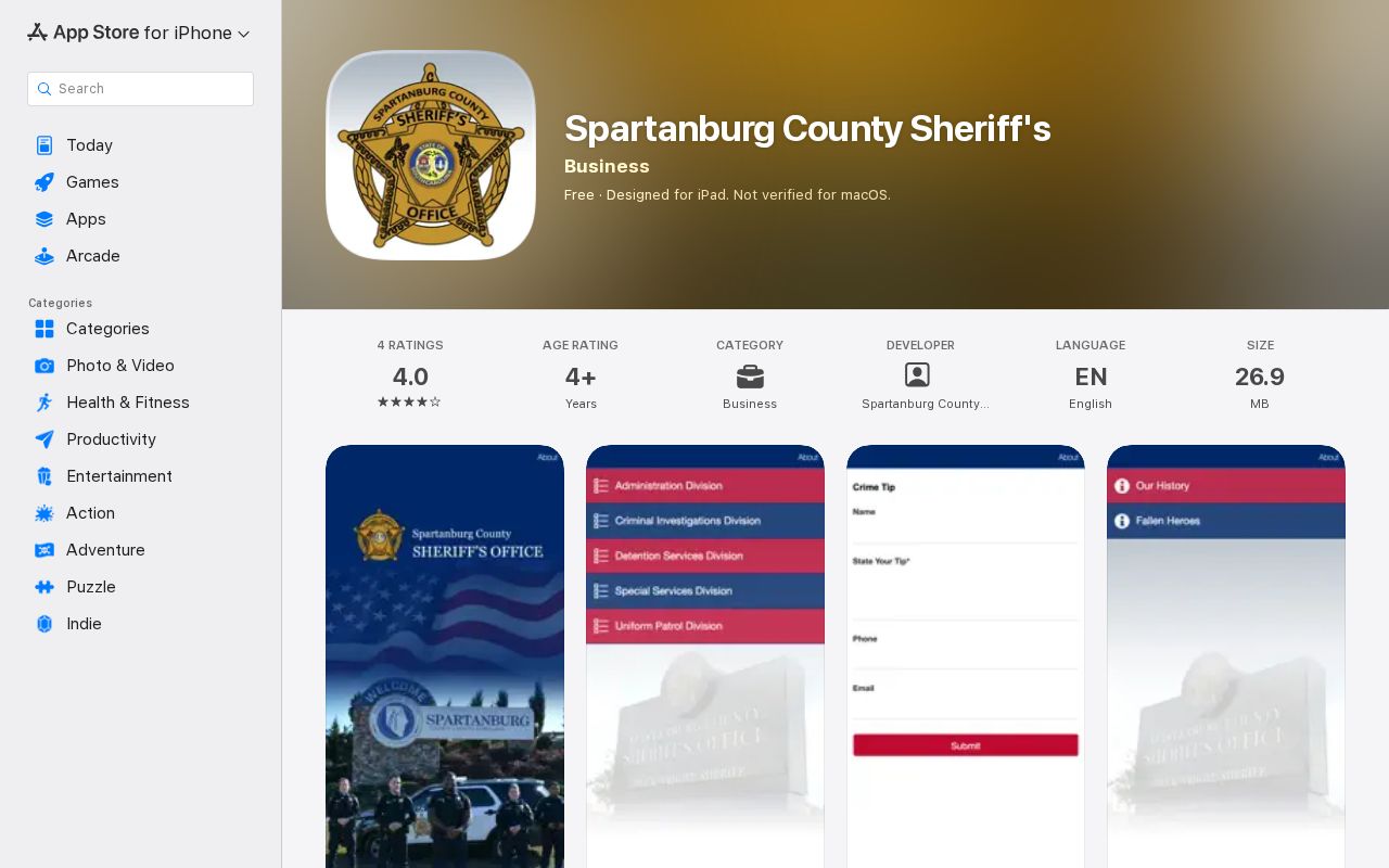 Spartanburg County 24-hour release page showing the official Sheriff app feature listing